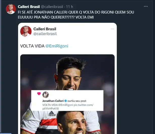 Calleri curte postagem sugerindo volta de Rigoni ao São Paulo e tema repercute